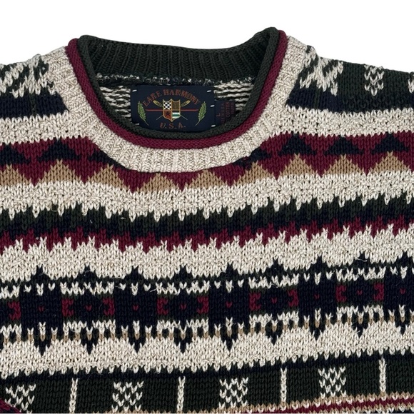 Vintage 90s Grandpa Sweater Crewneck Pullover Geometric Stripes 100% Cotton | L - Picture 6 of 10